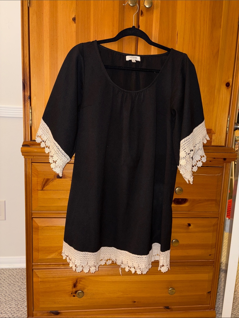 Umgee Boho Black Dress Crochet Trim Small